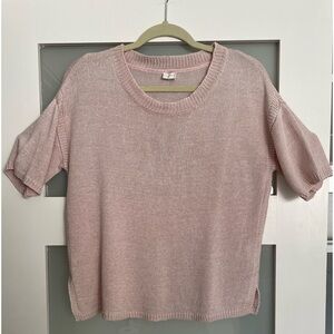 Poetry 100% knitted linen short sleeved collarless top.  Size 4. Pink.